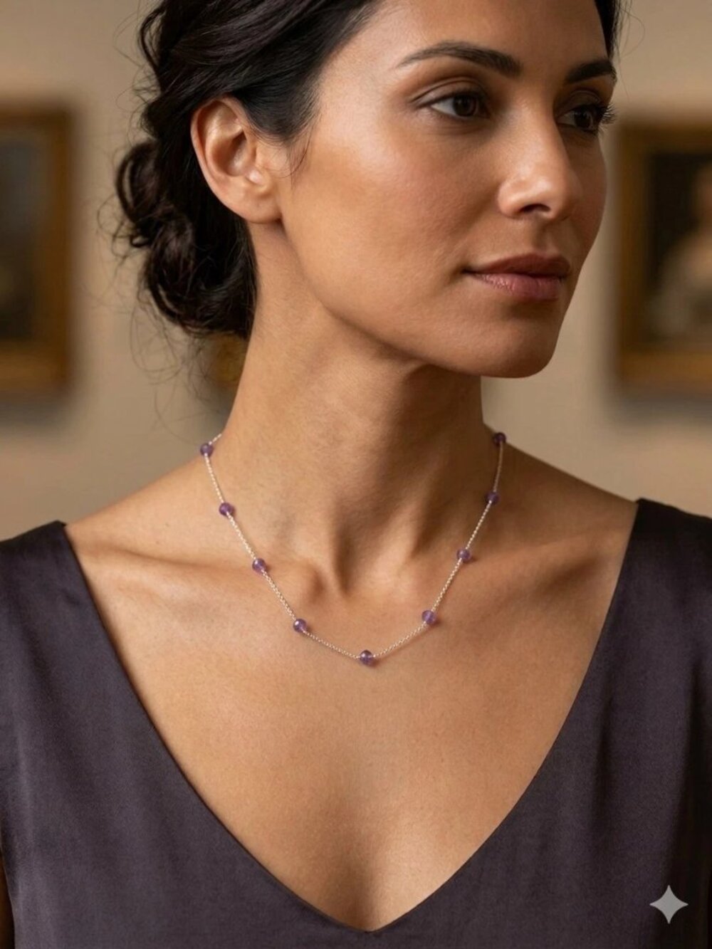 Faceted Amethyst Beaded Silver Station Necklace 25"